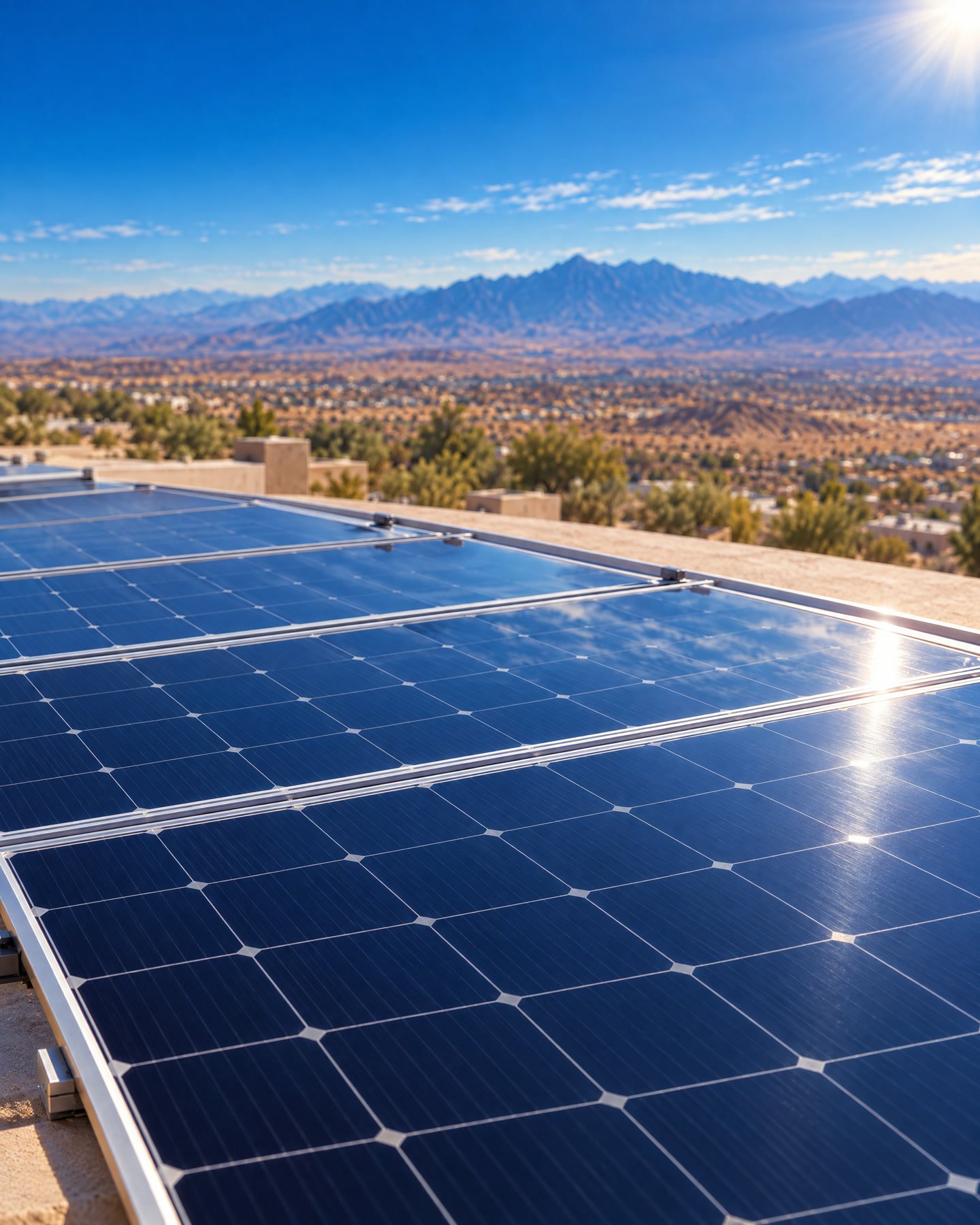 Paneles solares reflejando el cielo azul de Chihuahua