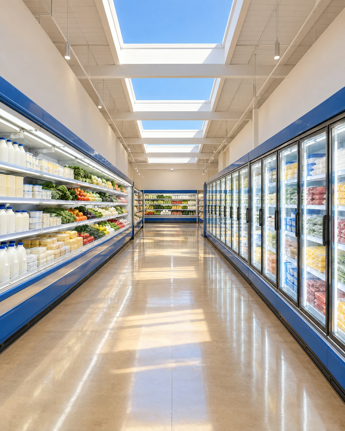 Pasillo de refrigeradores en un supermercado